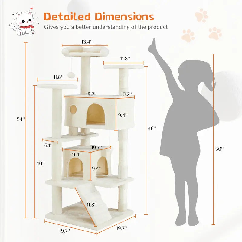 【Deals for You Days】Pettrove Cat Tree Tower for Indoor Cats, 54In Tall Multi-Level Pet Furniture, Stable Kitty Play House with Sisal Scratching Post, Large Condo, Climbing Ladder, Plush Toy for Kitten