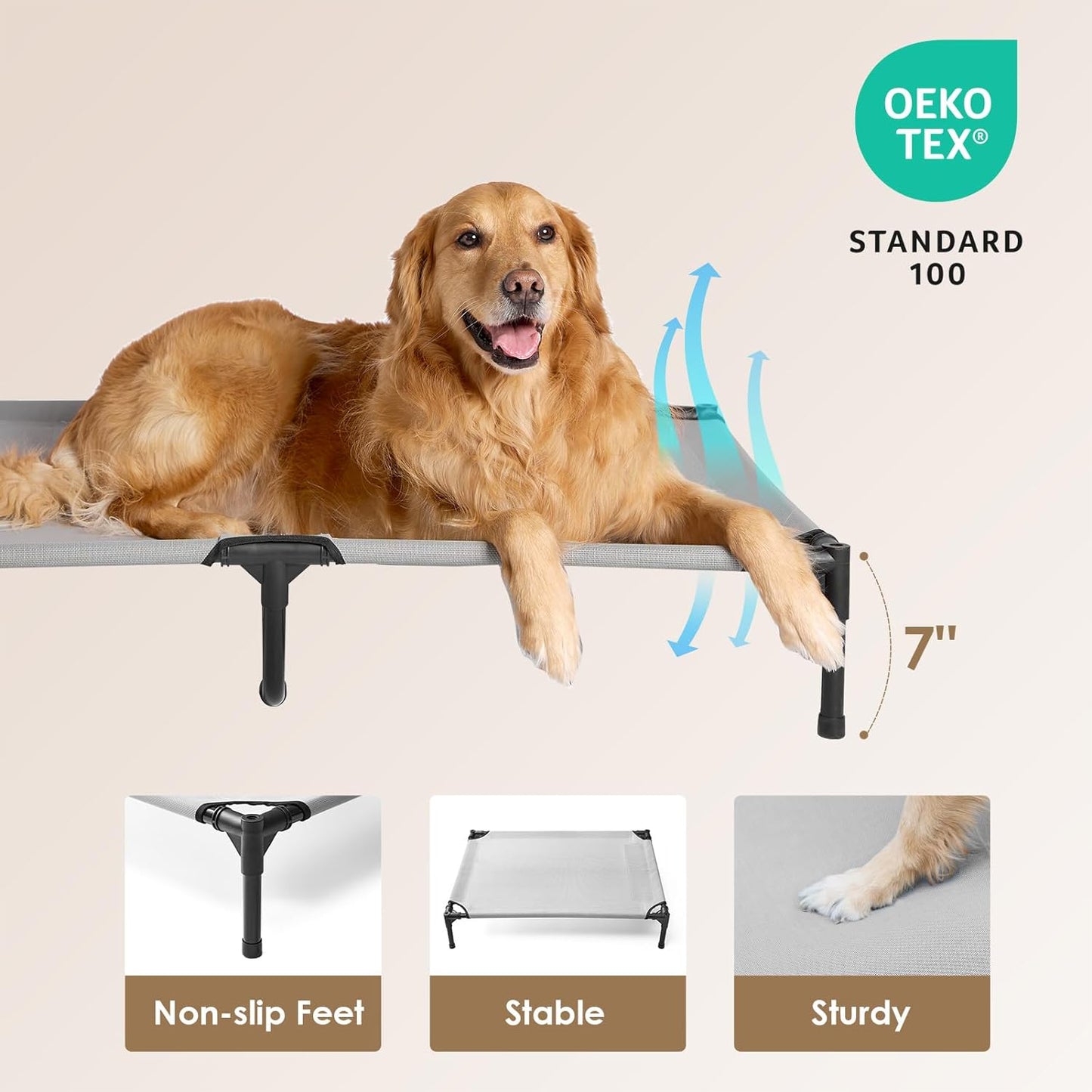 Elevated Dog Cot Beds for Large Dogs, Raised Outdoor Dog Bed with Frame, Washable Breathable Cooling Teslin Mesh and Anti-Slip Feet, Lifted Hammock Indoor Pet Bed, 44 Inches