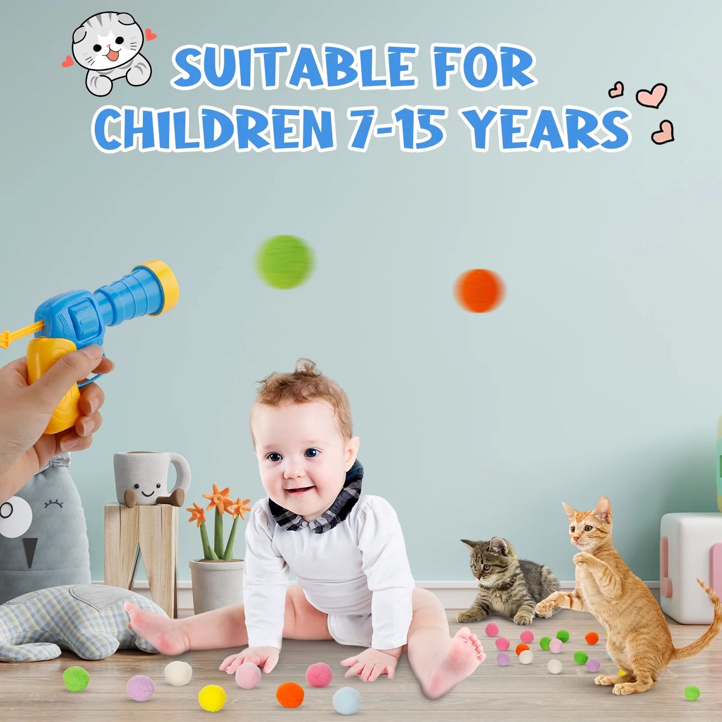 Cat Ball Launcher, 100Pcs Cat Toy Balls and 3 Pinballs, Silent Plush Elastic Cat Ball Toy, Interactive Cat Toys for Indoor Cats Kitten Toys(Yellow1)