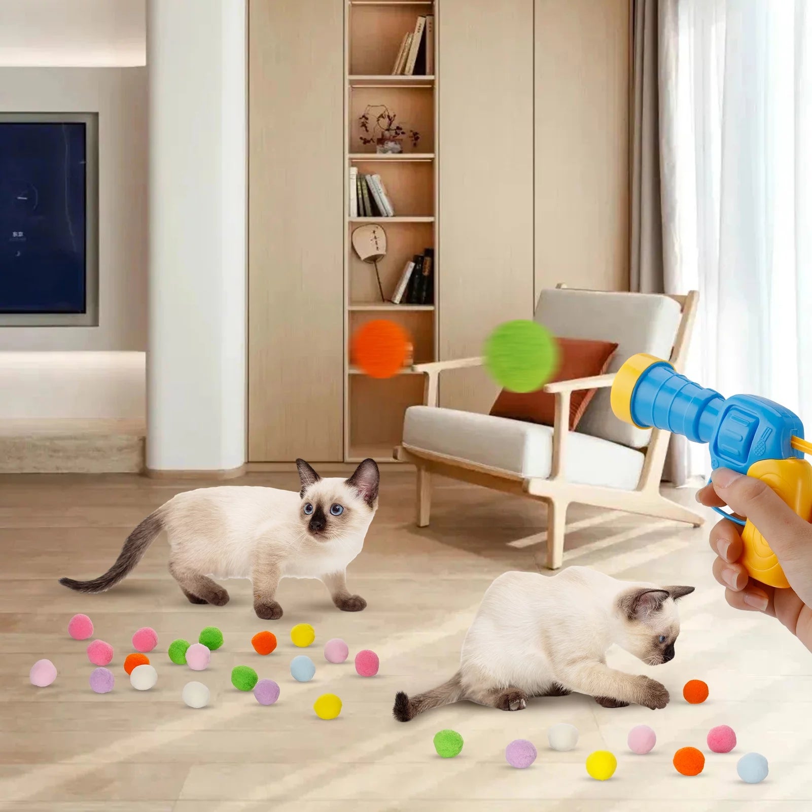Cat Ball Launcher, 100Pcs Cat Toy Balls and 3 Pinballs, Silent Plush Elastic Cat Ball Toy, Interactive Cat Toys for Indoor Cats Kitten Toys(Yellow1)