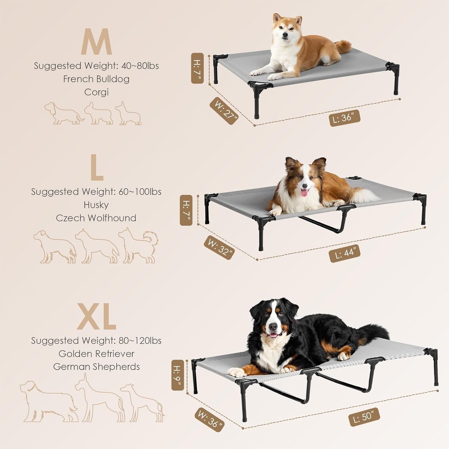 Elevated Dog Cot Beds for Large Dogs, Raised Outdoor Dog Bed with Frame, Washable Breathable Cooling Teslin Mesh and Anti-Slip Feet, Lifted Hammock Indoor Pet Bed, 44 Inches