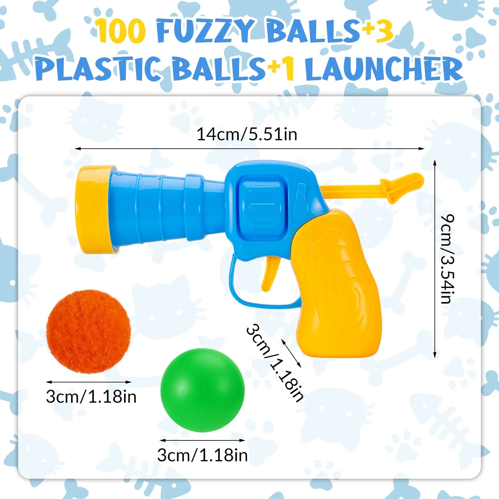 Cat Ball Launcher, 100Pcs Cat Toy Balls and 3 Pinballs, Silent Plush Elastic Cat Ball Toy, Interactive Cat Toys for Indoor Cats Kitten Toys(Yellow1)