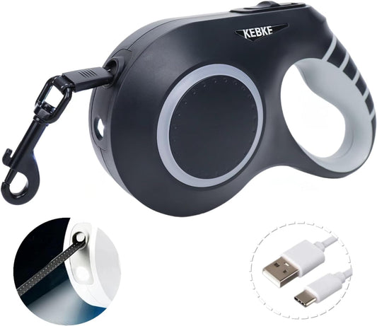 Retractable Dog Leash with Led Light for Medium Large Dog Walking Leash- 20Ft,Up to 110Lbs,Type-C Charging,Pet Leash,Tangle-Free, Non-Slip Handle, One-Button Control. (Black-With Lights)