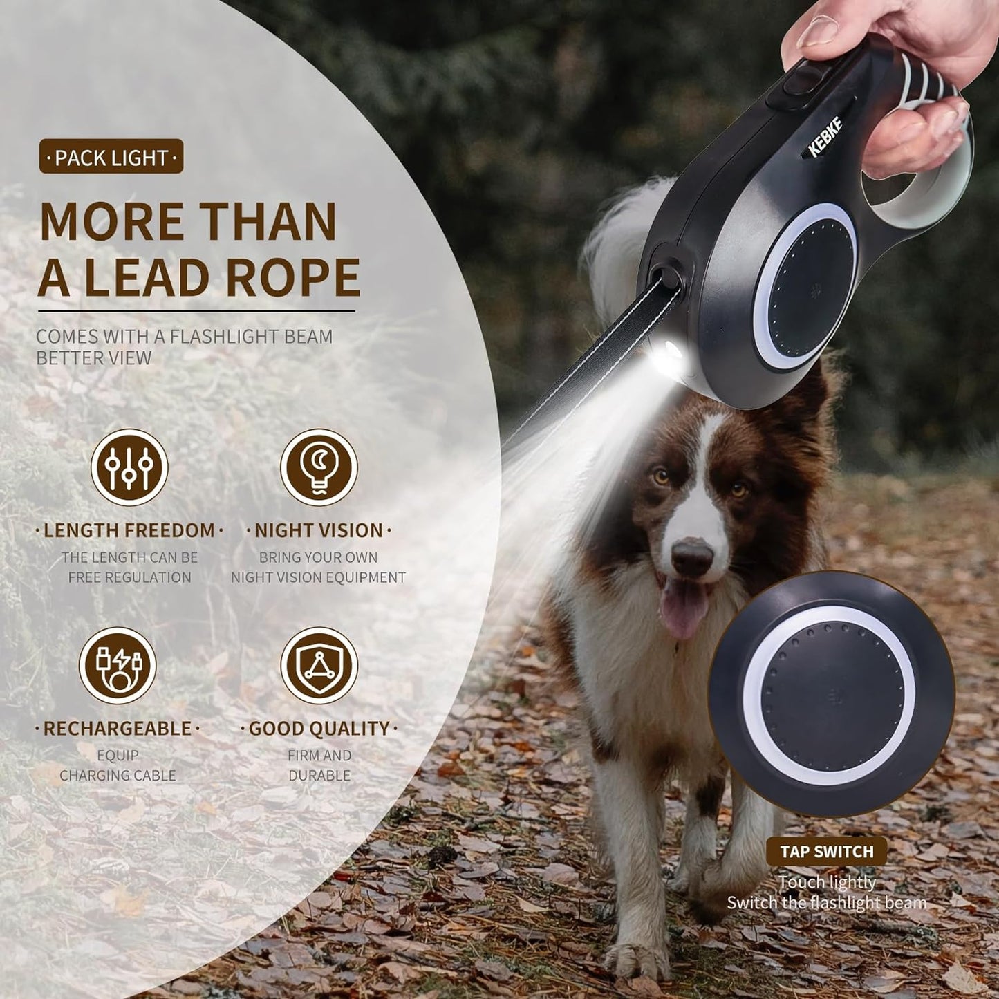 Retractable Dog Leash with Led Light for Medium Large Dog Walking Leash- 20Ft,Up to 110Lbs,Type-C Chargingļ¼Pet Leash,Tangle-Free, Non-Slip Handle, One-Button Control. (Black-With Lights)