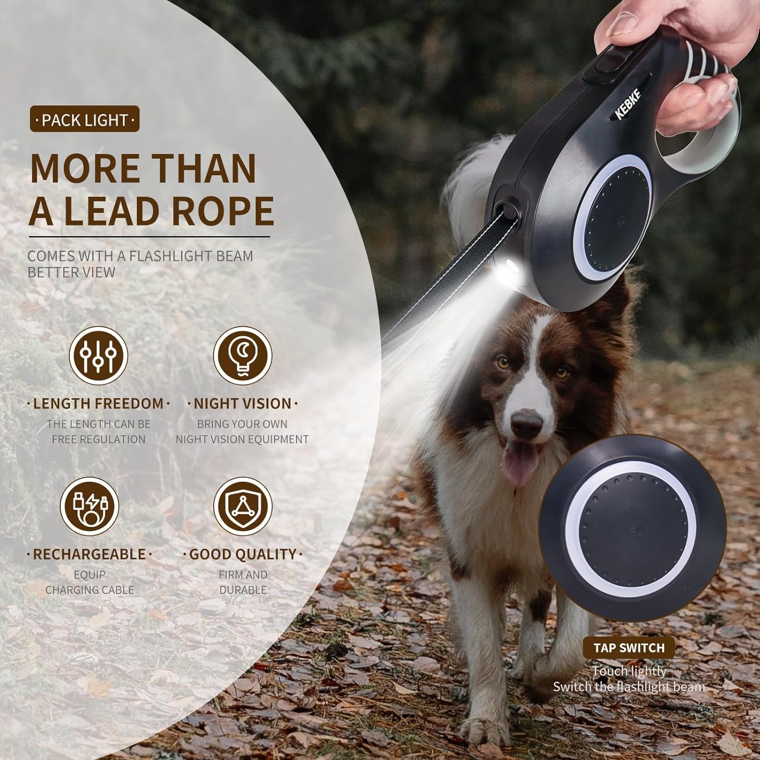 Retractable Dog Leash with Led Light for Medium Large Dog Walking Leash- 20Ft,Up to 110Lbs,Type-C Chargingļ¼Pet Leash,Tangle-Free, Non-Slip Handle, One-Button Control. (Black-With Lights)