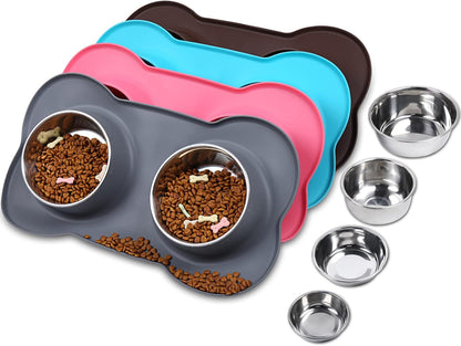 Dog Bowls Set, Double Stainless Steel Feeder Bowls and Wider Non Skid Spill Proof Silicone Mat Pet Puppy Cats Dogs Bowl, Grey