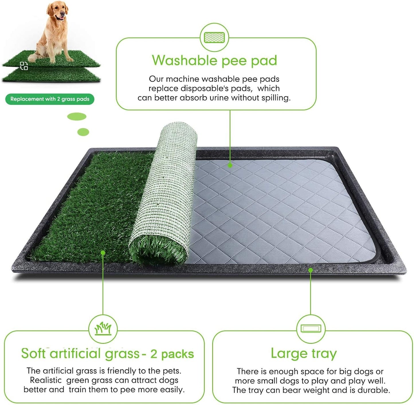 Dog Grass Pad with Tray (35Inx23.2In), Grass Pee Pads for Dogs Washable and Pet Toilet Potty Tray, Quickly Absorbency Portable Dog Potty Replacement Dogs Turf Potty Training for Indoor Outdoor