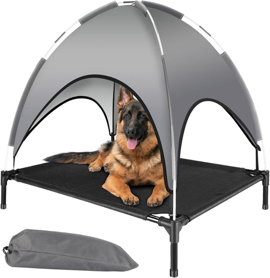 Elevated Outdoor Dog Bed with Canopy, Raised Dog Cot with Shade, Waterproof Tent for Medium Small Dogs, Portable Cooling Pet Bed with Breathable Mesh for Camping Beach, Gray