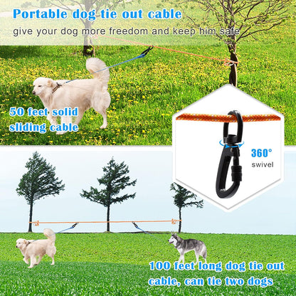 Dog Tie Out Cable for Camping, 100Ft Reflective Overhead Dog Trolley System for 2 Dogs, Portable Dog Hitching Lead up to 300Lbs, Dog Runner for Yard Camping Training Running Hiking Outdoor