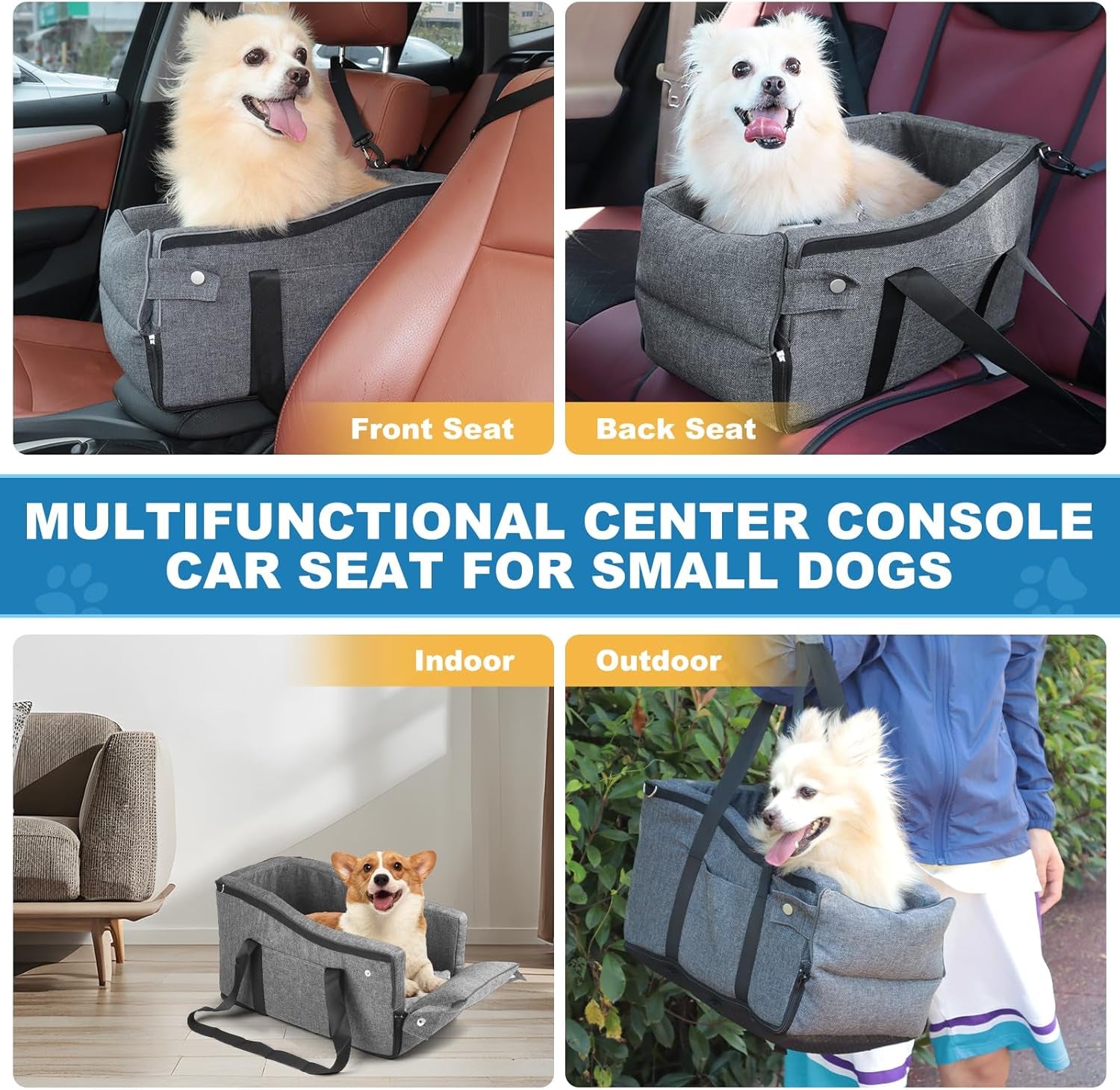 Center Console Dog Car Seat for Small Dogs up to 12Lbs, Detachable Armrest Pet Car Seat, Portable Middle Console Dog Booster Car Seat with Adjustable Straps, Storage Pocket & Safety Leash