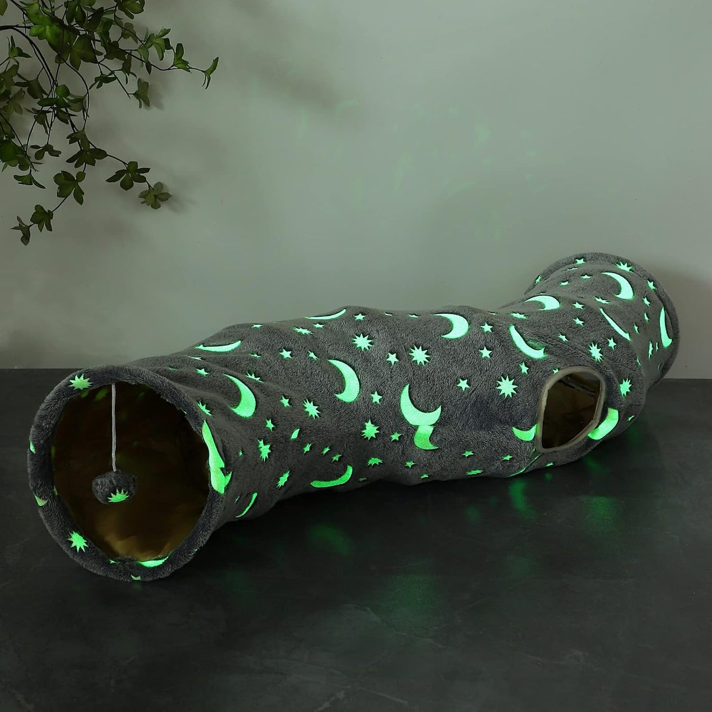 Cat Tunnel Tube with Plush Ball Toys Collapsible Self-Luminous Photoluminescence, for Small Animals Pets Bunny Rabbits, Kittens, Ferrets,Puppy and Dogs Grey Moon Star