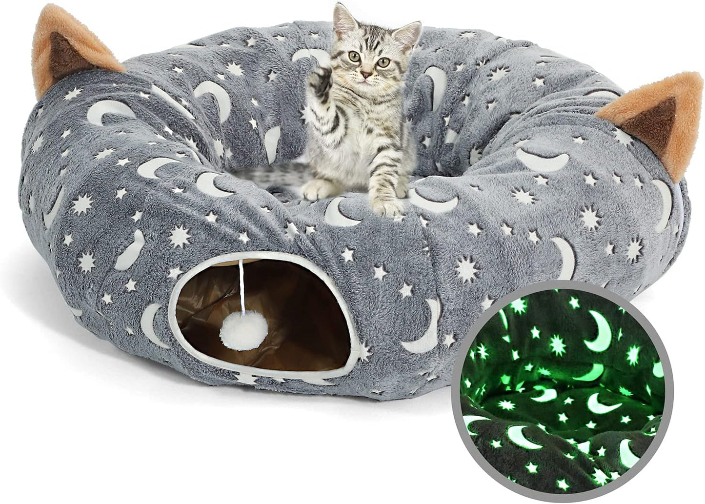 Cat Tunnel Tube with Plush Ball Toys Collapsible Self-Luminous Photoluminescence, for Small Animals Pets Bunny Rabbits, Kittens, Ferrets,Puppy and Dogs Grey Moon Star