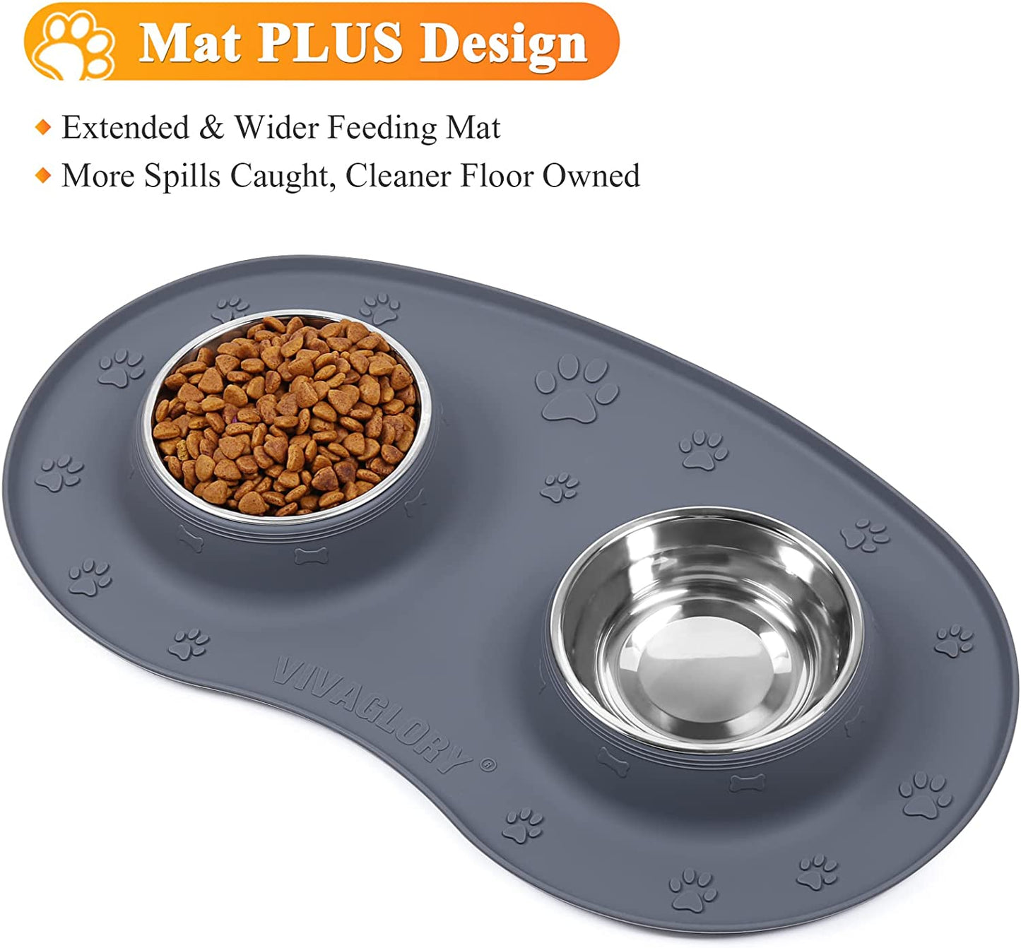 Dog Bowls Set, Double Stainless Steel Feeder Bowls and Wider Non Skid Spill Proof Silicone Mat Pet Puppy Cats Dogs Bowl, Grey