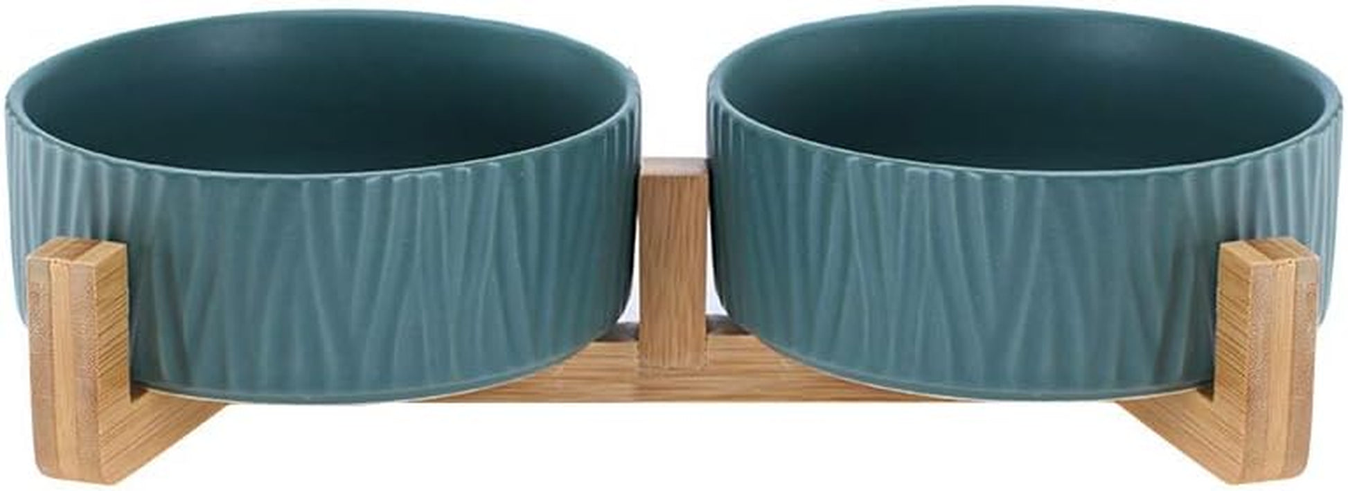 Green Ceramic Cat Dog Bowl Dish with Wood Stand No Spill Pet Food Water Feeder Cats Dogs Set of 2