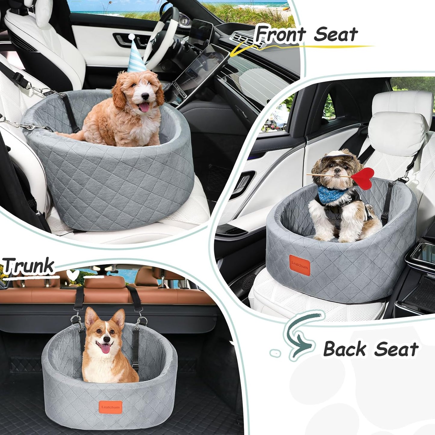 Dog Car Seat with 2 Storage Pockets, Safe Pet Travel Car Seat with Non-Slip Bottom, Fully Removable and Washable Car Seat for Dogs, Soft Memory Foam Dog Seat for Car (Grey, Small)