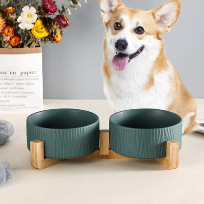 Green Ceramic Cat Dog Bowl Dish with Wood Stand No Spill Pet Food Water Feeder Cats Dogs Set of 2