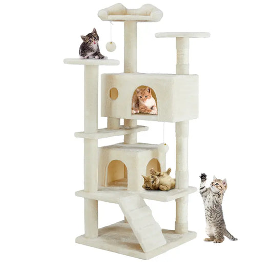 【Deals for You Days】Pettrove Cat Tree Tower for Indoor Cats, 54In Tall Multi-Level Pet Furniture, Stable Kitty Play House with Sisal Scratching Post, Large Condo, Climbing Ladder, Plush Toy for Kitten