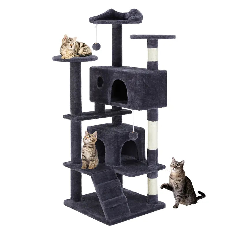 【Deals for You Days】Pettrove Cat Tree Tower for Indoor Cats, 54In Tall Multi-Level Pet Furniture, Stable Kitty Play House with Sisal Scratching Post, Large Condo, Climbing Ladder, Plush Toy for Kitten