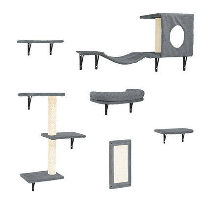 Cat Wall Shelves and Perches Set of 6 with Cat Perch, Indoor Cat Condo for Sleeping Playing Lounging Climbing Cat Tree House, Gray