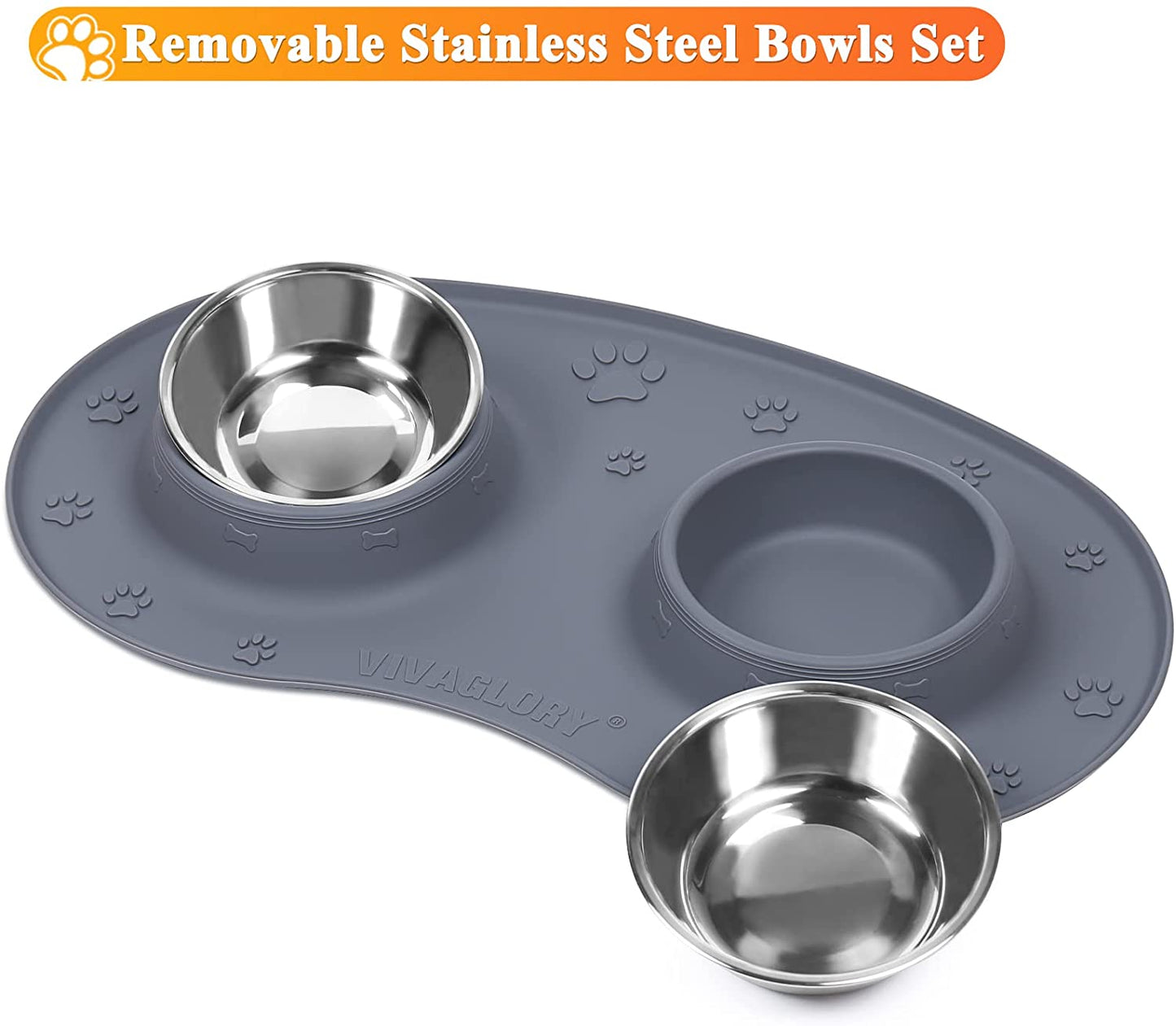 Dog Bowls Set, Double Stainless Steel Feeder Bowls and Wider Non Skid Spill Proof Silicone Mat Pet Puppy Cats Dogs Bowl, Grey