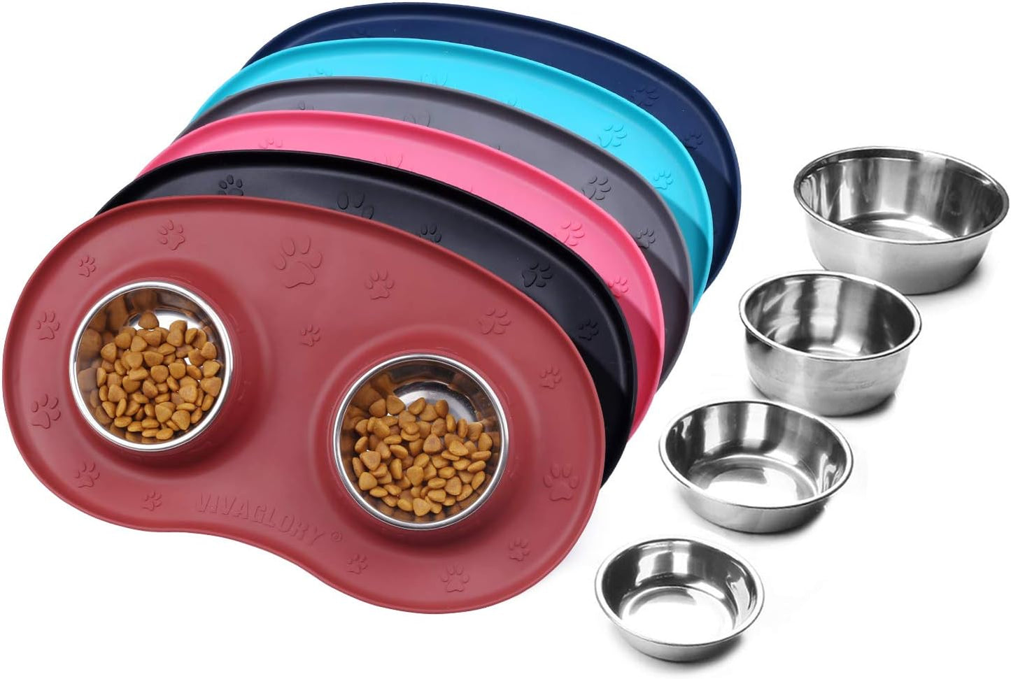 Dog Bowls Set, Double Stainless Steel Feeder Bowls and Wider Non Skid Spill Proof Silicone Mat Pet Puppy Cats Dogs Bowl, Grey