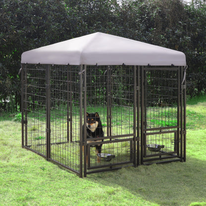 Metal Dog Kennel, Outdoor Large Metal Dog Crates W/Canopy & 2 Rotate Feeding Doors, 4.5' X 4.5' X 4.8'