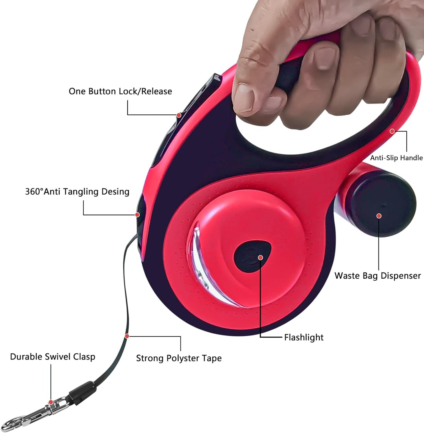 Retractable Dog Leash with Waste Bag Dispenser and Flashlight, 16Ft Dog Leash for Small Medium Dogs up to 66Lbs, One Button Break & Lock,360°Tangle Free, Soft anti Slip Grip,Red