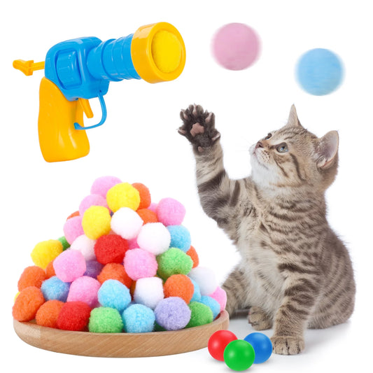 Cat Ball Launcher, 100Pcs Cat Toy Balls and 3 Pinballs, Silent Plush Elastic Cat Ball Toy, Interactive Cat Toys for Indoor Cats Kitten Toys(Yellow1)