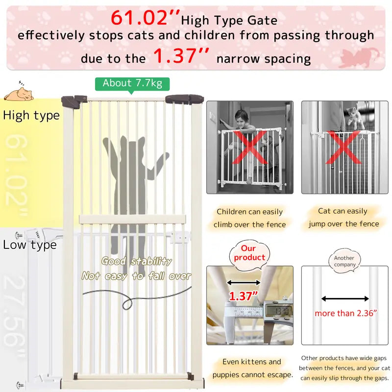 Lumizone Extra Tall Pet Gate 61.02" High Pressure Mounted 30.12"-67.32" Extra Wide (9 Sizes Available) 1.37" Gap for Cat Dog Children Stairs Doorway Hallway No Drilling Auto-Close Cat Gates Dog Gate Proof Gate for Cats Proof Fence Cat Door Safety Gate