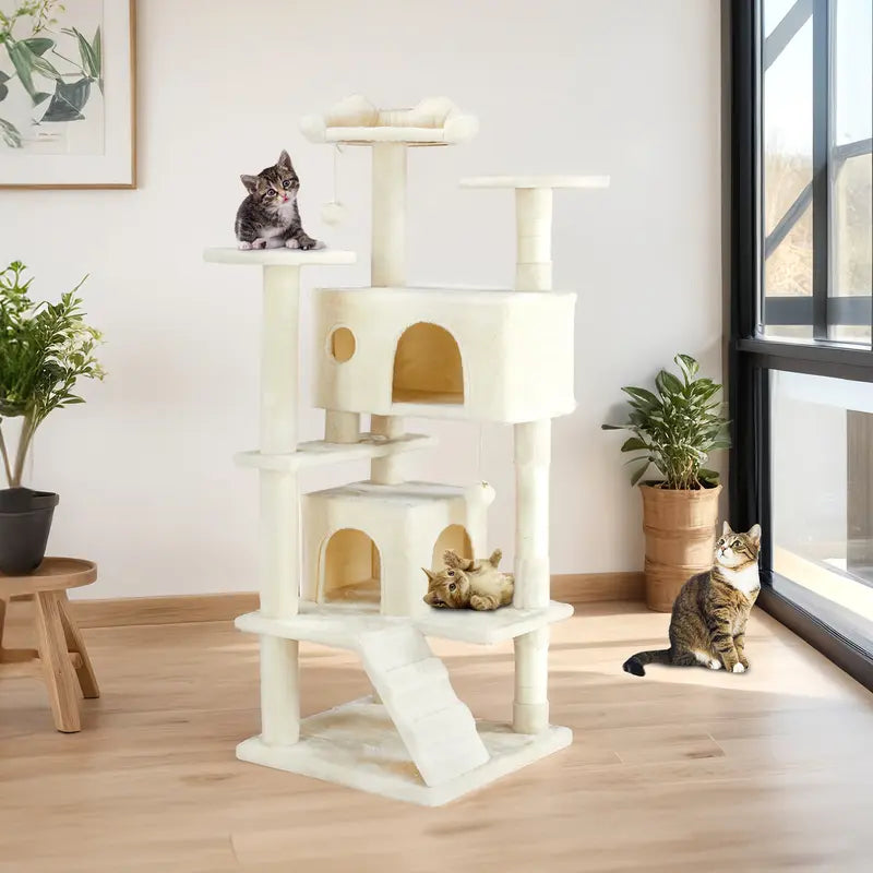 【Deals for You Days】Pettrove Cat Tree Tower for Indoor Cats, 54In Tall Multi-Level Pet Furniture, Stable Kitty Play House with Sisal Scratching Post, Large Condo, Climbing Ladder, Plush Toy for Kitten