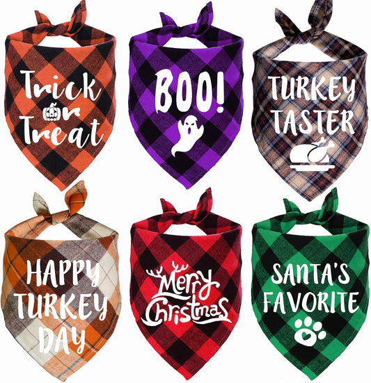 Holiday Plaid Dog Bandanas, 6 Pack Halloween Thanksgiving Christmas Dog Puppy Costume Decorations