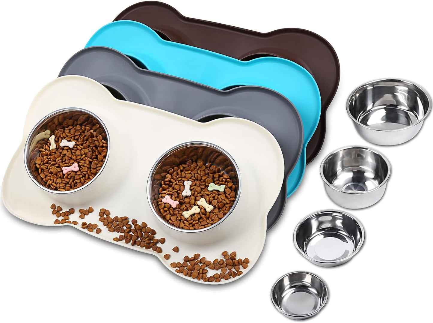 Dog Bowls Set, Double Stainless Steel Feeder Bowls and Wider Non Skid Spill Proof Silicone Mat Pet Puppy Cats Dogs Bowl, Grey