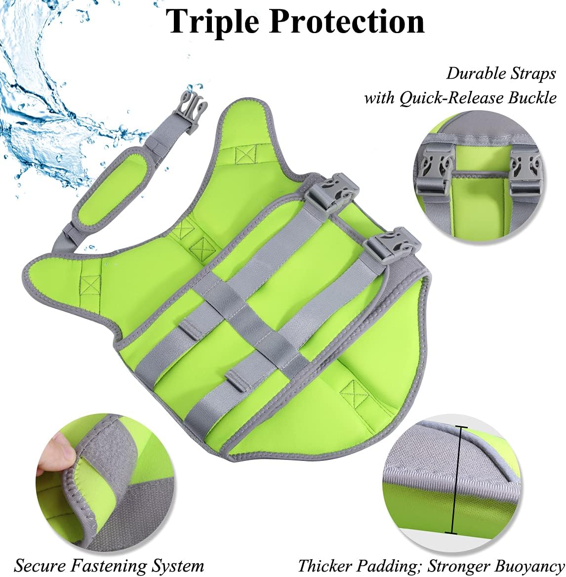 Life Jacket for Dogs of Sports Style, Water Vest Jacket for Dog, Heavy Duty Pet Safety Vest, Comfortable Neoprene Lifejackets with Hook & Loop Closure, Green, Xsmall