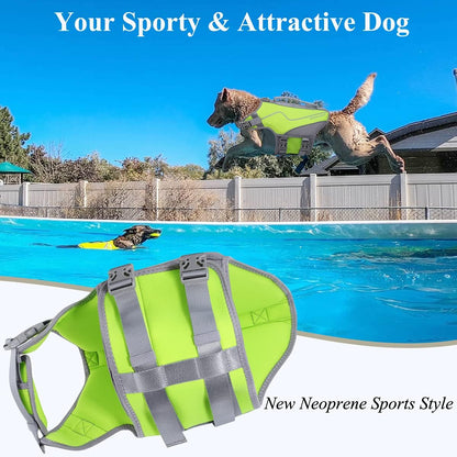 Life Jacket for Dogs of Sports Style, Water Vest Jacket for Dog, Heavy Duty Pet Safety Vest, Comfortable Neoprene Lifejackets with Hook & Loop Closure, Green, Xsmall