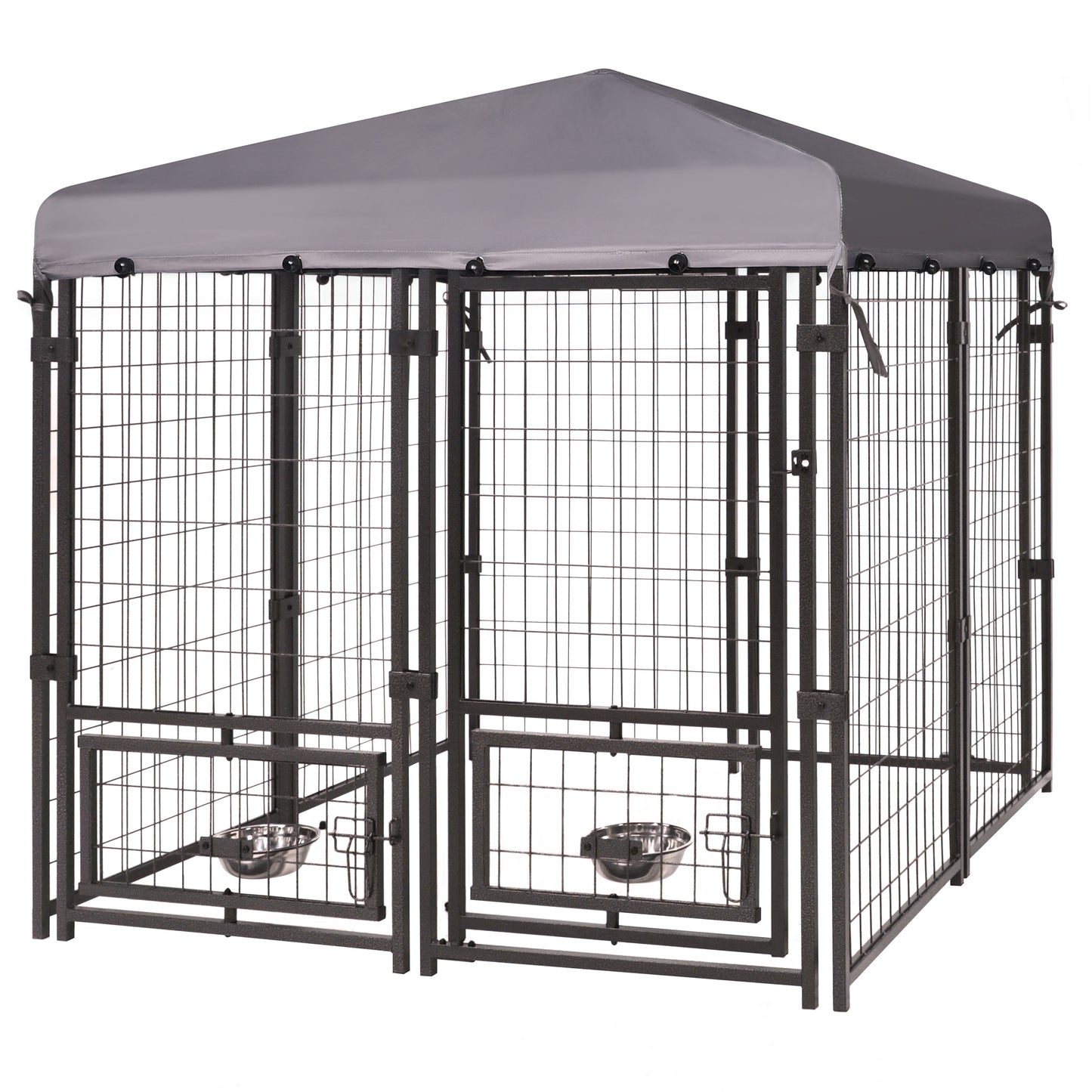 Metal Dog Kennel, Outdoor Large Metal Dog Crates W/Canopy & 2 Rotate Feeding Doors, 4.5' X 4.5' X 4.8'