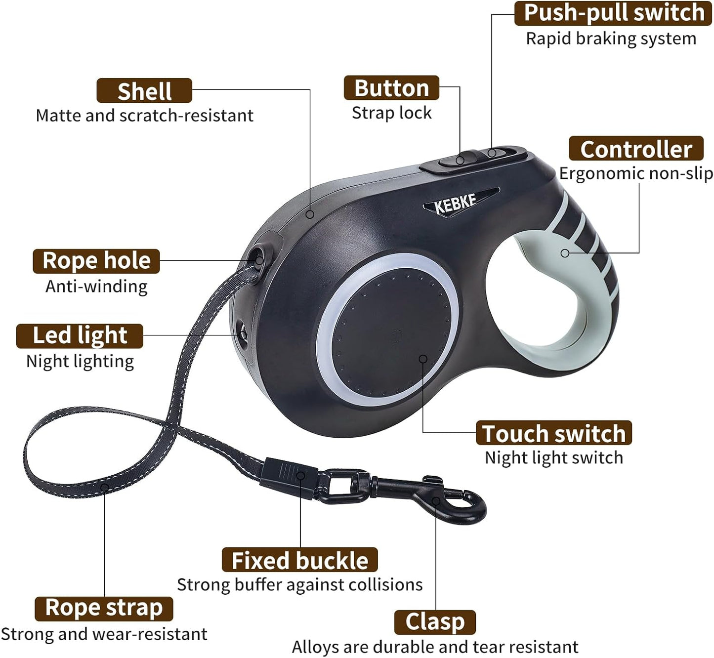 Retractable Dog Leash with Led Light for Medium Large Dog Walking Leash- 20Ft,Up to 110Lbs,Type-C Charging，Pet Leash,Tangle-Free, Non-Slip Handle, One-Button Control. (Black-With Lights)