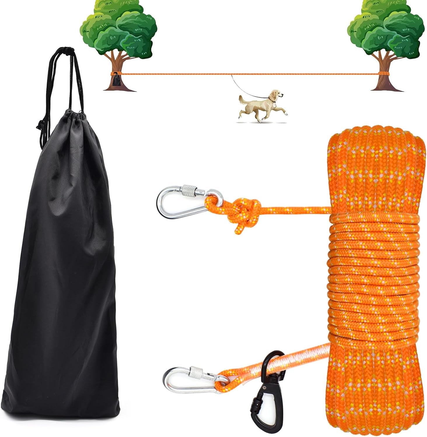 Dog Tie Out Cable for Camping, 100Ft Reflective Overhead Dog Trolley System for 2 Dogs, Portable Dog Hitching Lead up to 300Lbs, Dog Runner for Yard Camping Training Running Hiking Outdoor