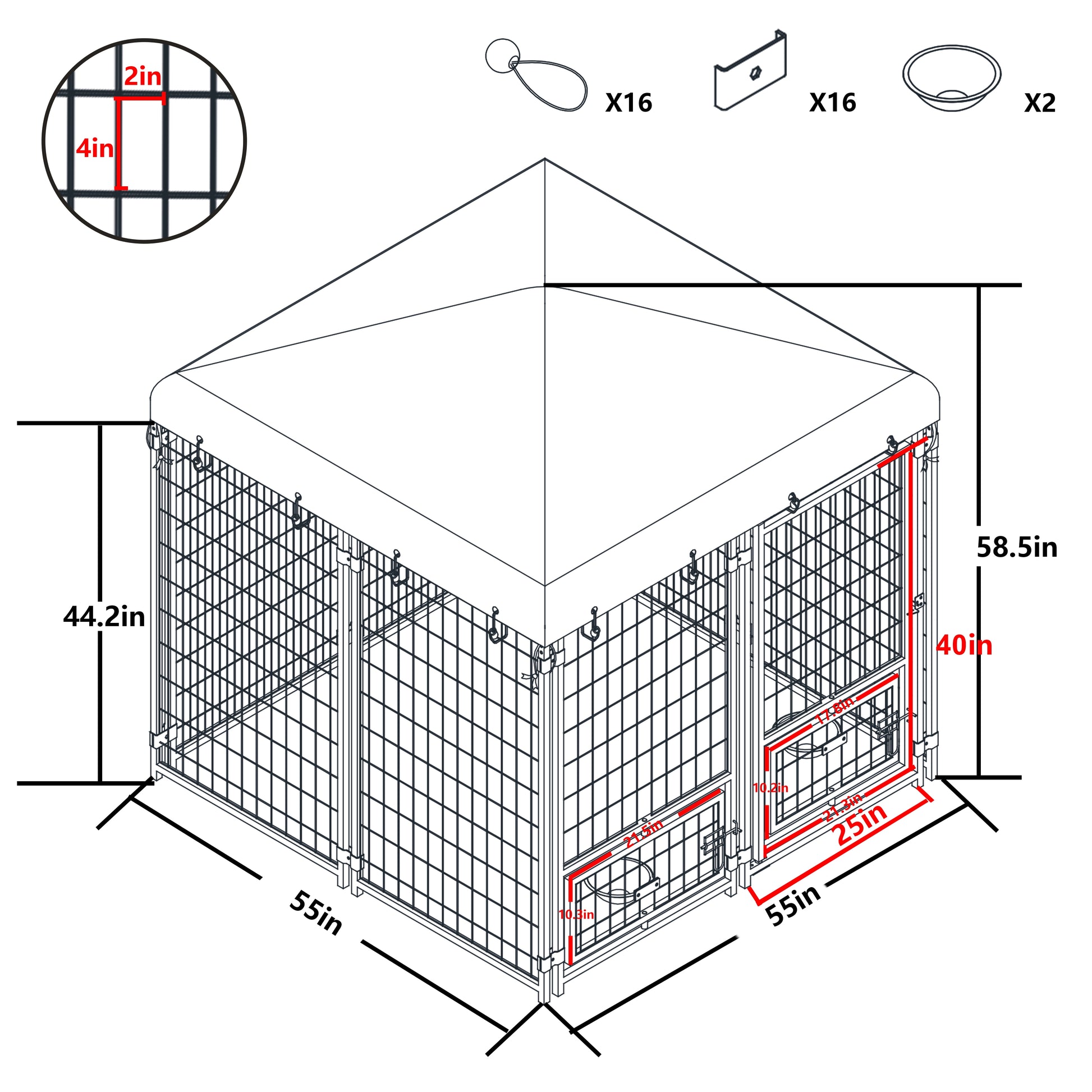 Metal Dog Kennel, Outdoor Large Metal Dog Crates W/Canopy & 2 Rotate Feeding Doors, 4.5' X 4.5' X 4.8'