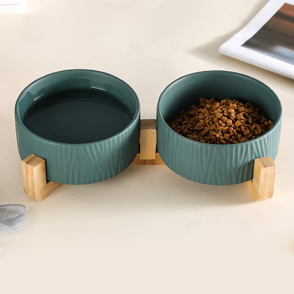 Green Ceramic Cat Dog Bowl Dish with Wood Stand No Spill Pet Food Water Feeder Cats Dogs Set of 2