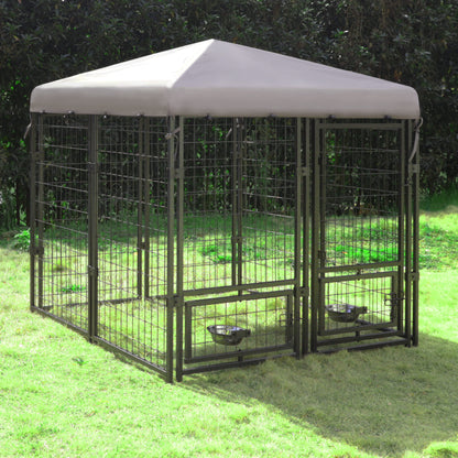 Metal Dog Kennel, Outdoor Large Metal Dog Crates W/Canopy & 2 Rotate Feeding Doors, 4.5' X 4.5' X 4.8'