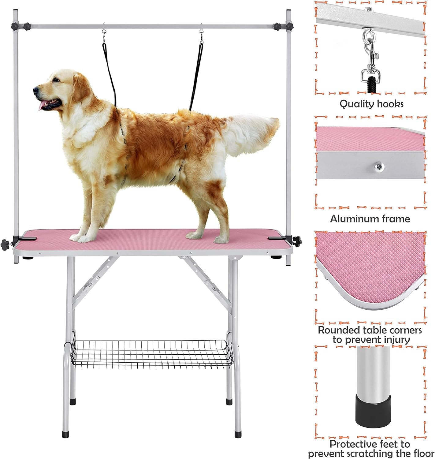 46'' Pet Grooming Table for Large Dogs Adjustable Height - Portable Trimming Table Drying Table W/Arm/Noose/Mesh Tray Maximum Capacity up to 265Lb -Pink