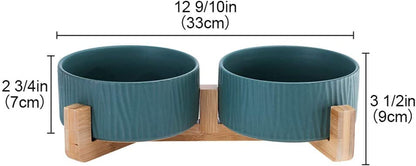 Green Ceramic Cat Dog Bowl Dish with Wood Stand No Spill Pet Food Water Feeder Cats Dogs Set of 2