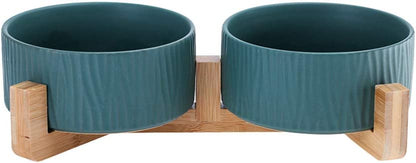 Green Ceramic Cat Dog Bowl Dish with Wood Stand No Spill Pet Food Water Feeder Cats Dogs Set of 2