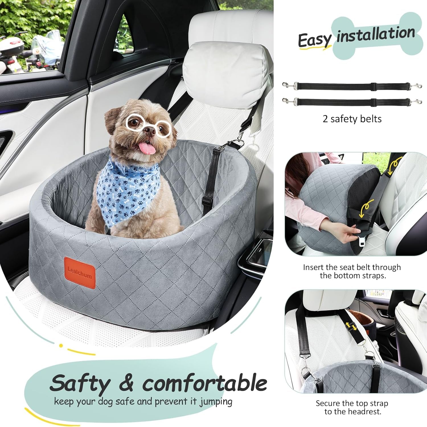 Dog Car Seat with 2 Storage Pockets, Safe Pet Travel Car Seat with Non-Slip Bottom, Fully Removable and Washable Car Seat for Dogs, Soft Memory Foam Dog Seat for Car (Grey, Small)