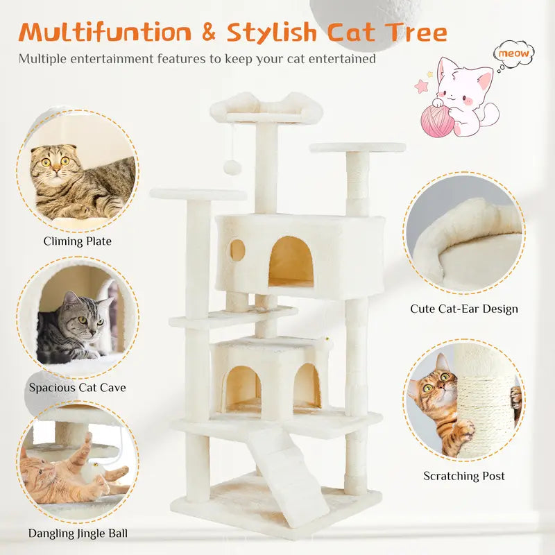 【Deals for You Days】Pettrove Cat Tree Tower for Indoor Cats, 54In Tall Multi-Level Pet Furniture, Stable Kitty Play House with Sisal Scratching Post, Large Condo, Climbing Ladder, Plush Toy for Kitten