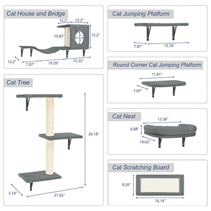 Cat Wall Shelves and Perches Set of 6 with Cat Perch, Indoor Cat Condo for Sleeping Playing Lounging Climbing Cat Tree House, Gray