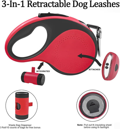 Retractable Dog Leash with Waste Bag Dispenser and Flashlight, 16Ft Dog Leash for Small Medium Dogs up to 66Lbs, One Button Break & Lock,360°Tangle Free, Soft anti Slip Grip,Red