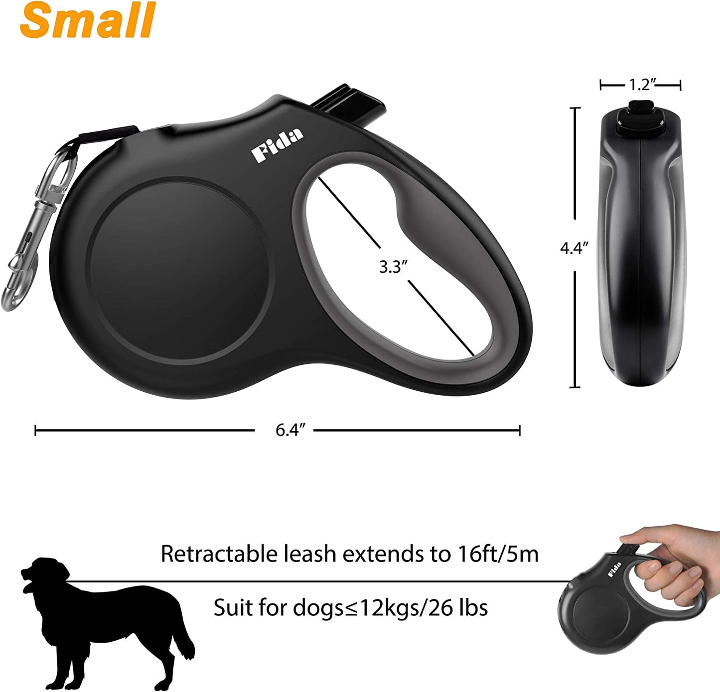 Retractable Dog Leash with Dispenser and Poop Bags, 16 Ft Pet Walking Leash for Small Dog or Cat up to 26 Lbs, Anti-Slip Soft Handle, Tangle Free, Reflective Nylon Tape (S, Black)