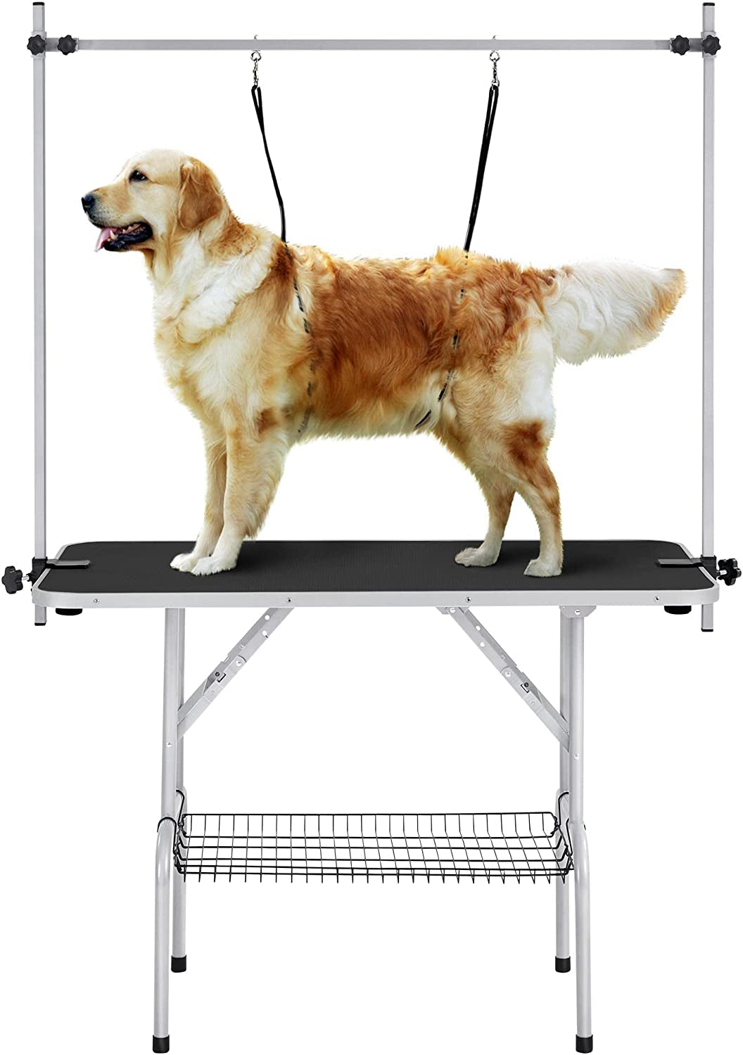 46'' Pet Grooming Table for Large Dogs Adjustable Height - Portable Trimming Table Drying Table W/Arm/Noose/Mesh Tray Maximum Capacity up to 265Lb -Pink