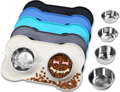 Dog Bowls Set, Double Stainless Steel Feeder Bowls and Wider Non Skid Spill Proof Silicone Mat Pet Puppy Cats Dogs Bowl, Grey